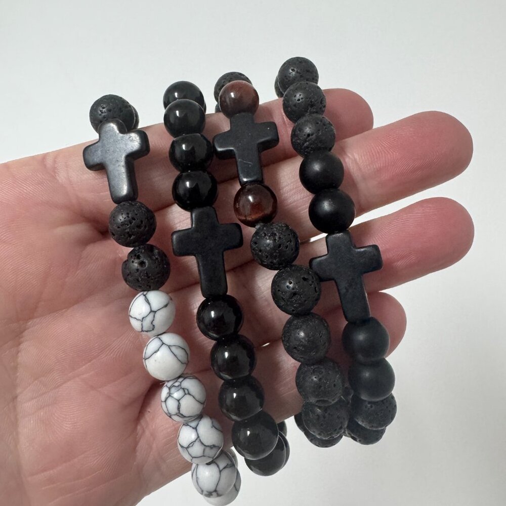 Set of 4 Lava Stone Cross Stetch Bracelets